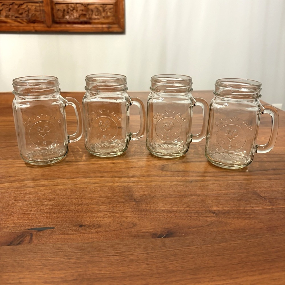 Libbey County Fair Mason Jar Mugs Set of 4 Rooster Embossed Glass 16oz Clear